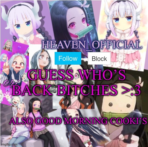 M O R N I N G ^^ | GUESS WHO’S BACK BITCHES >:3; ALSO GOOD MORNING COOKI’S | image tagged in heaven s temp more adorbs | made w/ Imgflip meme maker