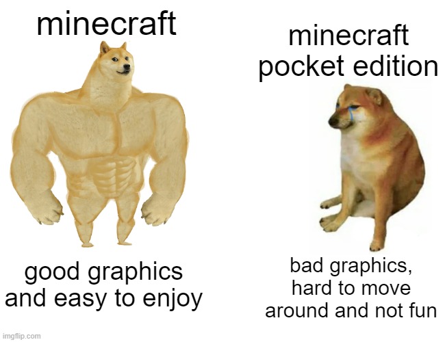 free kiwano | minecraft; minecraft pocket edition; bad graphics, hard to move around and not fun; good graphics and easy to enjoy | image tagged in memes,buff doge vs cheems | made w/ Imgflip meme maker