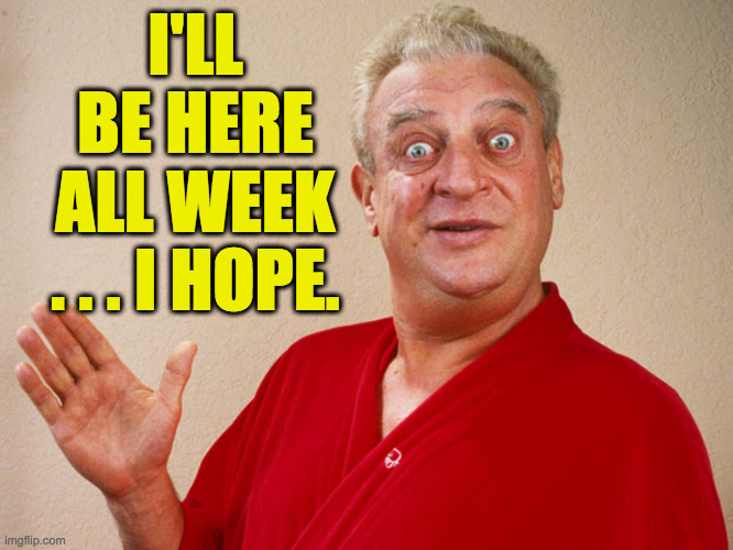 Rodney Dangerfield For Pres | I'LL BE HERE ALL WEEK
. . . I HOPE. | image tagged in rodney dangerfield for pres | made w/ Imgflip meme maker