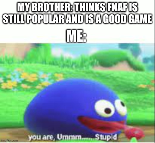 you have stupidness | MY BROTHER: THINKS FNAF IS STILL POPULAR AND IS A GOOD GAME; ME: | image tagged in stupid | made w/ Imgflip meme maker