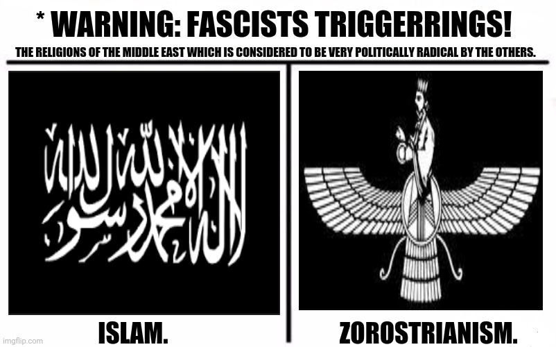 Who Would Win Blank | * WARNING: FASCISTS TRIGGERRINGS! THE RELIGIONS OF THE MIDDLE EAST WHICH IS CONSIDERED TO BE VERY POLITICALLY RADICAL BY THE OTHERS. ISLAM.                                    ZOROSTRIANISM. | image tagged in memes,religion of peace,clickbait | made w/ Imgflip meme maker