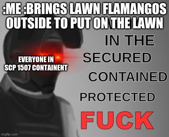 what in the scpf | :ME :BRINGS LAWN FLAMANGOS OUTSIDE TO PUT ON THE LAWN; EVERYONE IN SCP 1507 CONTAINENT | image tagged in what in the scpf,wtf scp | made w/ Imgflip meme maker
