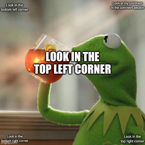 Solve the puzzle | Look in the bottom left corner; Look at my comment in the comment section; LOOK IN THE TOP LEFT CORNER; Look in the bottom right corner; Look in the top right corner | image tagged in memes,but that's none of my business,kermit the frog,puzzle | made w/ Imgflip meme maker