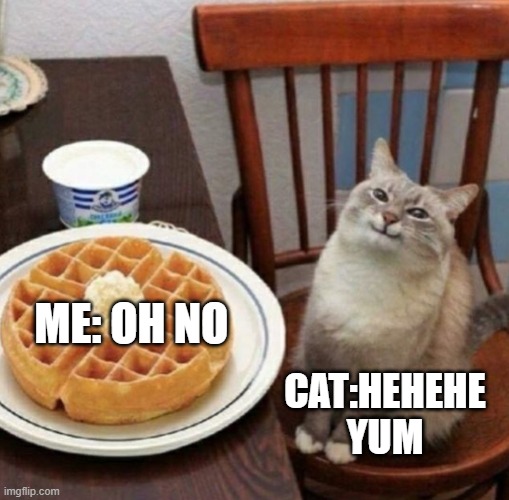 meowww!!!!!! | ME: OH NO; CAT:HEHEHE YUM | image tagged in cat likes their waffle | made w/ Imgflip meme maker