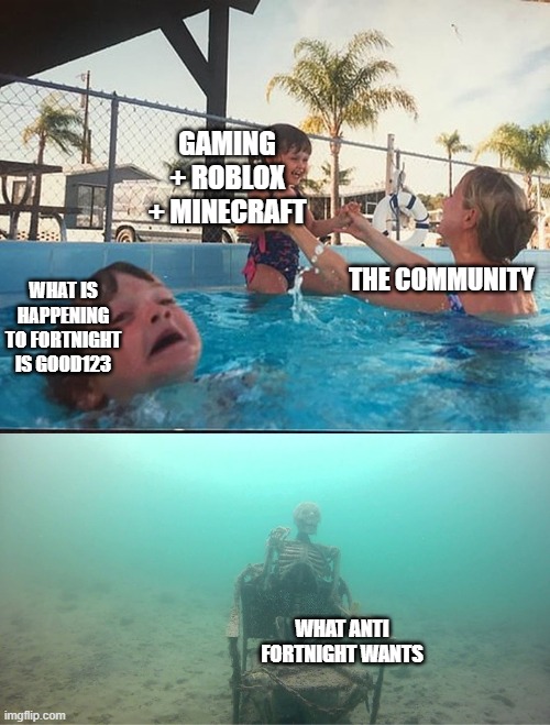 help us | GAMING + ROBLOX + MINECRAFT; THE COMMUNITY; WHAT IS HAPPENING TO FORTNIGHT IS GOOD123; WHAT ANTI FORTNIGHT WANTS | image tagged in mom helping kid | made w/ Imgflip meme maker