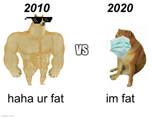 2010 vs 2020 who will win (2010) | 2010; 2020; VS; haha ur fat; im fat | image tagged in memes,buff doge vs cheems | made w/ Imgflip meme maker