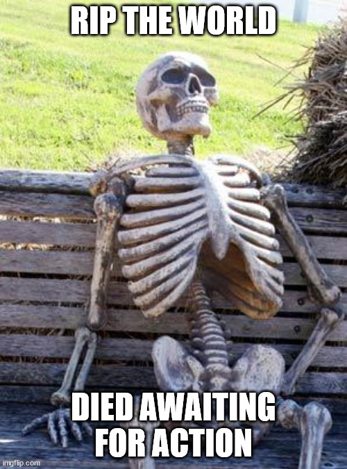 Waiting Skeleton | RIP THE WORLD; DIED AWAITING FOR ACTION | image tagged in memes,waiting skeleton | made w/ Imgflip meme maker