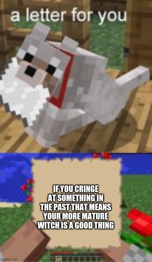 daily fact with minecraft dog | IF YOU CRINGE AT SOMETHING IN THE PAST THAT MEANS YOUR MORE MATURE WITCH IS A GOOD THING | image tagged in a letter for you | made w/ Imgflip meme maker