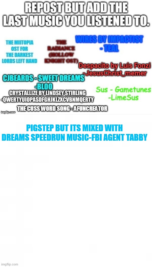 r e p o s t | PIGSTEP BUT ITS MIXED WITH DREAMS SPEEDRUN MUSIC-FBI AGENT TABBY | made w/ Imgflip meme maker