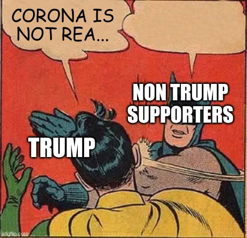 Batman Slapping Robin | CORONA IS NOT REA... NON TRUMP SUPPORTERS; TRUMP | image tagged in memes,batman slapping robin | made w/ Imgflip meme maker