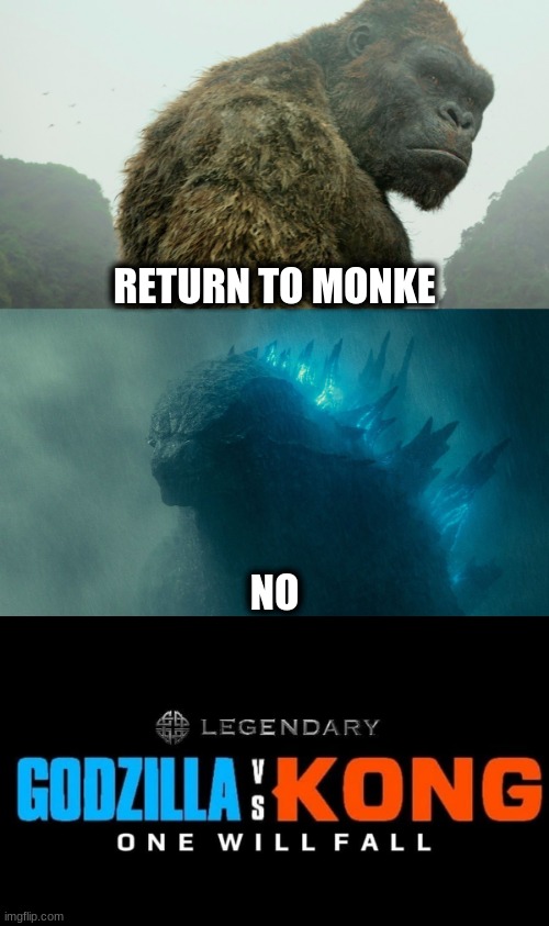Godzilla vs Kong | RETURN TO MONKE; NO | image tagged in godzilla vs kong | made w/ Imgflip meme maker