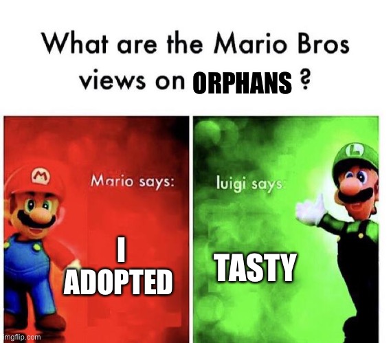 Mario Bros Views | ORPHANS; I ADOPTED; TASTY | image tagged in mario bros views | made w/ Imgflip meme maker