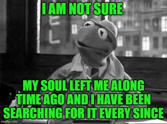 Kermit the Frog detective in b&w | I AM NOT SURE MY SOUL LEFT ME ALONG TIME AGO AND I HAVE BEEN SEARCHING FOR IT EVERY SINCE | image tagged in kermit the frog detective in b w | made w/ Imgflip meme maker