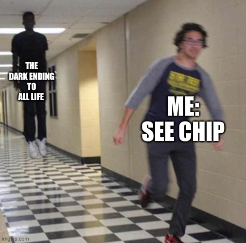 Death | THE DARK ENDING TO ALL LIFE; ME: SEE CHIP | image tagged in floating boy chasing running boy | made w/ Imgflip meme maker