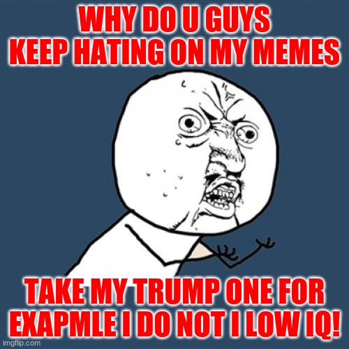 Y U No Meme | WHY DO U GUYS KEEP HATING ON MY MEMES; TAKE MY TRUMP ONE FOR EXAPMLE I DO NOT I LOW IQ! | image tagged in memes,y u no | made w/ Imgflip meme maker
