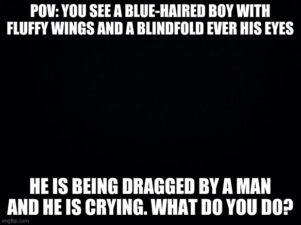 Black background | POV: YOU SEE A BLUE-HAIRED BOY WITH FLUFFY WINGS AND A BLINDFOLD EVER HIS EYES; HE IS BEING DRAGGED BY A MAN AND HE IS CRYING. WHAT DO YOU DO? | image tagged in black background | made w/ Imgflip meme maker