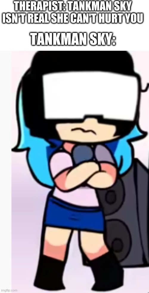 THERAPIST: TANKMAN SKY ISN'T REAL SHE CAN'T HURT YOU; TANKMAN SKY: | image tagged in blank white template | made w/ Imgflip meme maker