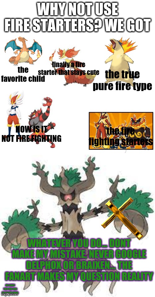 i made two memes into one because they compliment each other | WHY NOT USE FIRE STARTERS? WE GOT; the favorite child; the true pure fire type; finally a fire starter that stays cute; HOW IS IT NOT FIRE FIGHTING; the fire fighting starters; WHATEVER YOU DO... DONT MAKE MY MISTAKE, NEVER GOOGLE DELPHOX OR BRAIXEN... THE FANART MAKES MY QUESTION REALITY; IM SORRY THEY DID THIS TO YOU MY CHILD. | image tagged in memes,pokemon memes | made w/ Imgflip meme maker