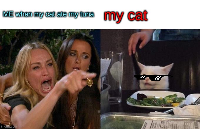 #TUNA | ME when my cat ate my tuna; my cat | image tagged in memes,woman yelling at cat | made w/ Imgflip meme maker