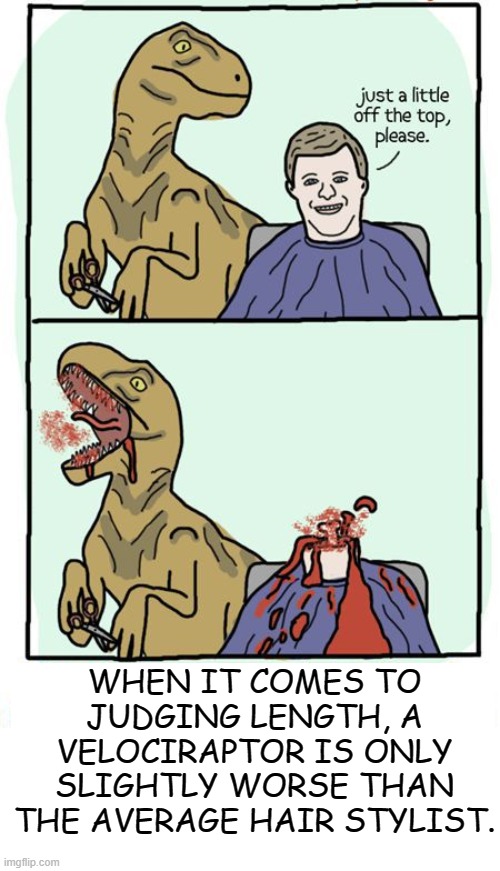 WHEN IT COMES TO JUDGING LENGTH, A VELOCIRAPTOR IS ONLY SLIGHTLY WORSE THAN THE AVERAGE HAIR STYLIST. | image tagged in dark humor | made w/ Imgflip meme maker