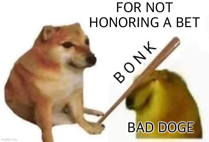 Doge bonk | FOR NOT HONORING A BET BAD DOGE | image tagged in doge bonk | made w/ Imgflip meme maker
