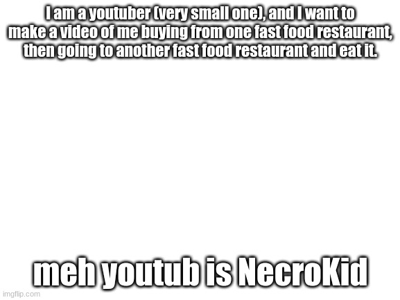 I really want to do this | I am a youtuber (very small one), and I want to make a video of me buying from one fast food restaurant, then going to another fast food restaurant and eat it. meh youtub is NecroKid | image tagged in blank white template | made w/ Imgflip meme maker