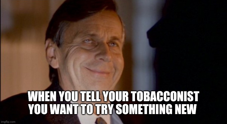 When you tell your tobacconist you want to try something new | WHEN YOU TELL YOUR TOBACCONIST YOU WANT TO TRY SOMETHING NEW | image tagged in cigarette smoking man,too damn high,high,ganja,xfiles | made w/ Imgflip meme maker