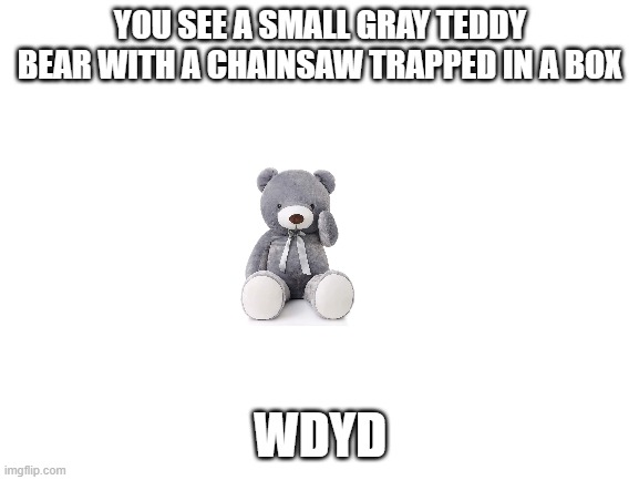 Blank White Template | YOU SEE A SMALL GRAY TEDDY BEAR WITH A CHAINSAW TRAPPED IN A BOX; WDYD | image tagged in blank white template | made w/ Imgflip meme maker