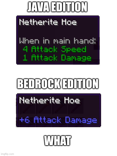What | JAVA EDITION; BEDROCK EDITION; WHAT | image tagged in blank white template | made w/ Imgflip meme maker
