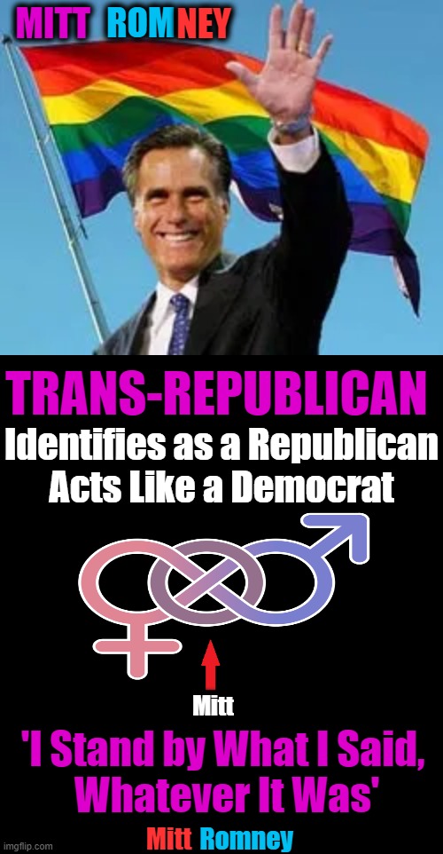 ~~ RINO ~~ If You Don’t Stand for Something, You’ll Fall for Anything | MITT; ROM; NEY; TRANS-REPUBLICAN; Identifies as a Republican
Acts Like a Democrat; 'I Stand by What I Said, 
Whatever It Was'; Mitt; Mitt; Romney | image tagged in political meme,mitt romney,trans,republican,democrat,pick one | made w/ Imgflip meme maker