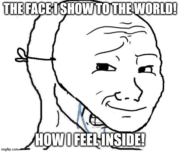 Crying inside | THE FACE I SHOW TO THE WORLD! HOW I FEEL INSIDE! | image tagged in crying inside | made w/ Imgflip meme maker