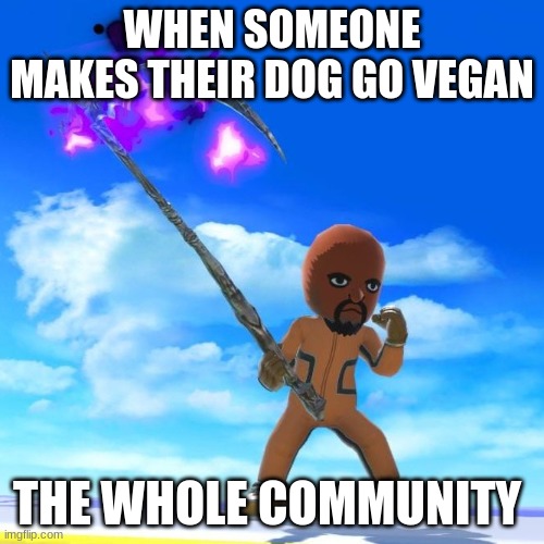 Bounty has started | WHEN SOMEONE MAKES THEIR DOG GO VEGAN; THE WHOLE COMMUNITY | image tagged in matt from wii sports | made w/ Imgflip meme maker