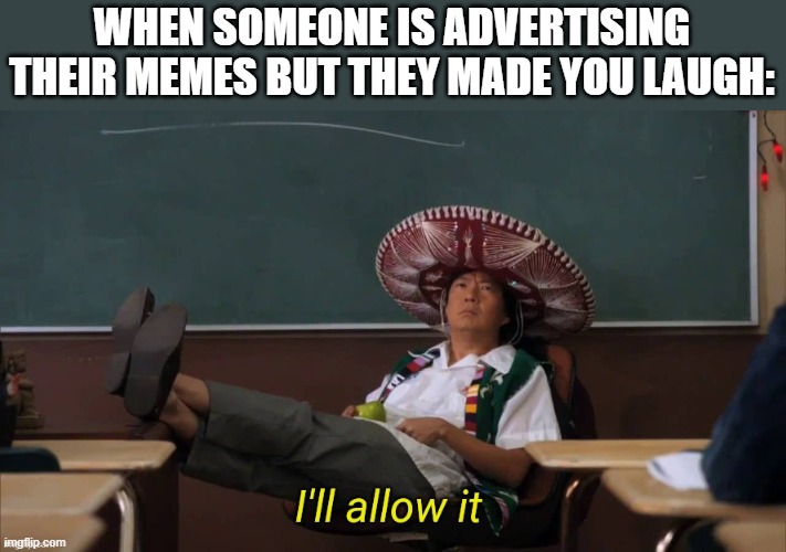 Ok | WHEN SOMEONE IS ADVERTISING THEIR MEMES BUT THEY MADE YOU LAUGH: | image tagged in i'll allow it,memes,advertising | made w/ Imgflip meme maker
