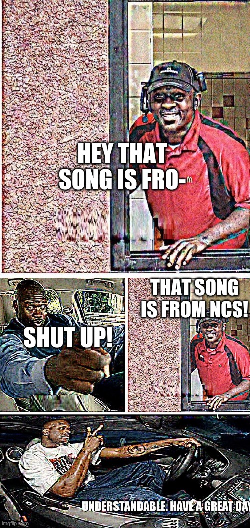 Just because they may say where the song came from, does not mean they will say Tiktok 100% of the time. | HEY THAT SONG IS FRO-; THAT SONG IS FROM NCS! SHUT UP! | image tagged in understandable have a great day | made w/ Imgflip meme maker