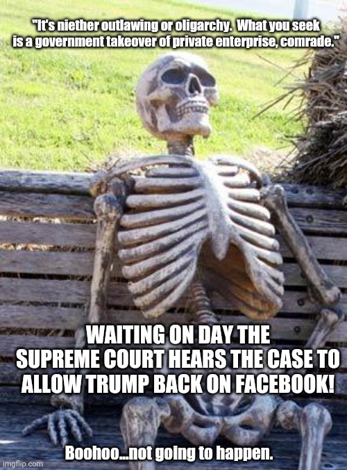 Stupid lawyers backing Trump. | "It's niether outlawing or oligarchy.  What you seek is a government takeover of private enterprise, comrade."; WAITING ON DAY THE SUPREME COURT HEARS THE CASE TO ALLOW TRUMP BACK ON FACEBOOK! Boohoo...not going to happen. | image tagged in memes,waiting skeleton | made w/ Imgflip meme maker