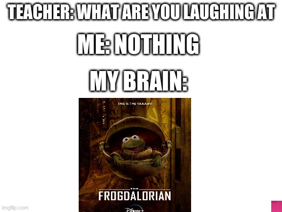 hearing the teacher not lisoning | TEACHER: WHAT ARE YOU LAUGHING AT; ME: NOTHING; MY BRAIN: | image tagged in blank white template | made w/ Imgflip meme maker
