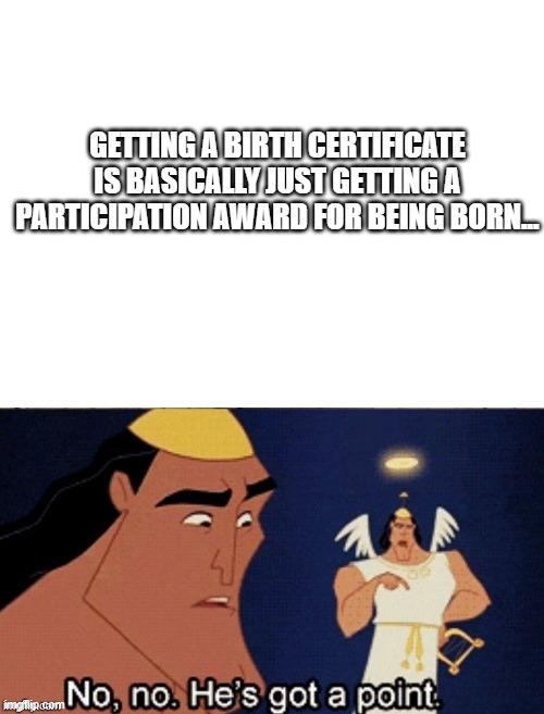 It do be like that tho... | GETTING A BIRTH CERTIFICATE IS BASICALLY JUST GETTING A PARTICIPATION AWARD FOR BEING BORN... | image tagged in blank white template,no no he's got a point,meme | made w/ Imgflip meme maker