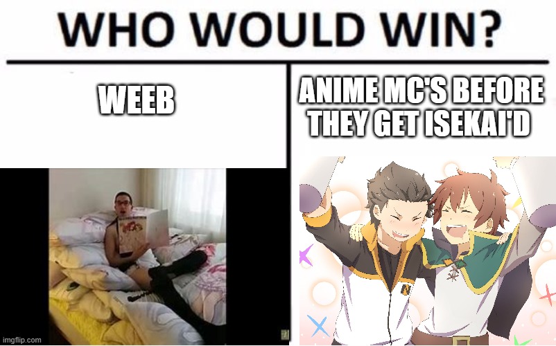 we need a better re: zero and konosuba collab, even tho isekai quartet great | WEEB; ANIME MC'S BEFORE THEY GET ISEKAI'D | made w/ Imgflip meme maker