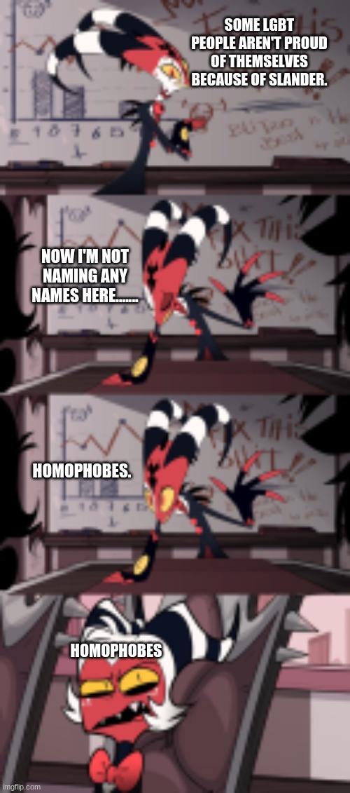 I'm not naming any names here | SOME LGBT PEOPLE AREN'T PROUD OF THEMSELVES BECAUSE OF SLANDER. NOW I'M NOT NAMING ANY NAMES HERE....... HOMOPHOBES. HOMOPHOBES | image tagged in i'm not naming any names here | made w/ Imgflip meme maker