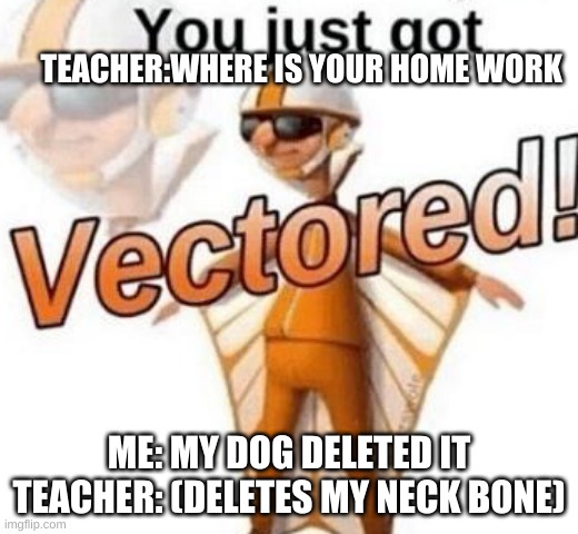 You just got vectored | TEACHER:WHERE IS YOUR HOME WORK; ME: MY DOG DELETED IT TEACHER: (DELETES MY NECK BONE) | image tagged in you just got vectored | made w/ Imgflip meme maker