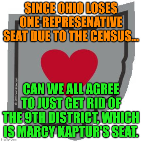 Smart Ohio | SINCE OHIO LOSES ONE REPRESENATIVE SEAT DUE TO THE CENSUS... CAN WE ALL AGREE TO JUST GET RID OF THE 9TH DISTRICT, WHICH IS MARCY KAPTUR'S SEAT. | image tagged in smart ohio | made w/ Imgflip meme maker