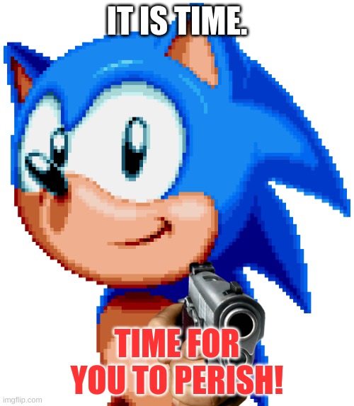 lol | IT IS TIME. TIME FOR YOU TO PERISH! | image tagged in sonic with a gun | made w/ Imgflip meme maker