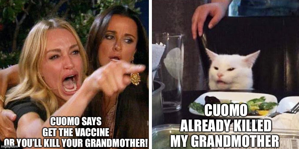 Cuomo urges vaccine | CUOMO SAYS GET THE VACCINE OR YOU’LL KILL YOUR GRANDMOTHER! CUOMO ALREADY KILLED MY GRANDMOTHER | image tagged in smudge the cat,cuomo,vaccine,grandmother | made w/ Imgflip meme maker