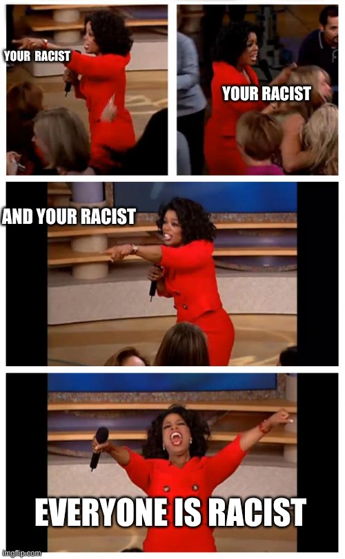 Oprah You Get A Car Everybody Gets A Car | YOUR  RACIST; YOUR RACIST; AND YOUR RACIST; EVERYONE IS RACIST | image tagged in memes,oprah you get a car everybody gets a car | made w/ Imgflip meme maker