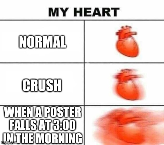 My heart blank | NORMAL; CRUSH; WHEN A POSTER FALLS AT 3:00 IN THE MORNING | image tagged in my heart blank | made w/ Imgflip meme maker