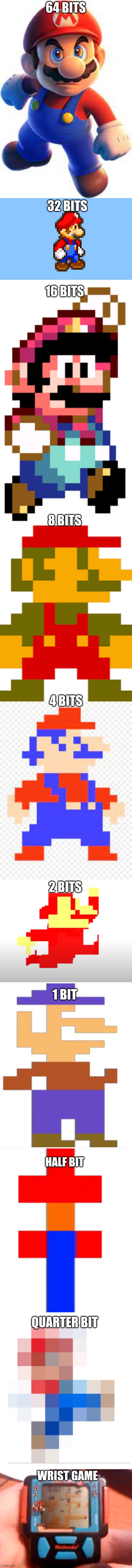 Mario Bit Wars | 64 BITS; 32 BITS; 16 BITS; 8 BITS; 4 BITS; 2 BITS; 1 BIT; HALF BIT; QUARTER BIT; WRIST GAME | made w/ Imgflip meme maker