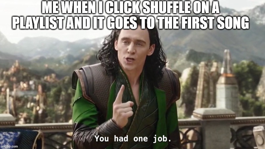 You had one job. Just the one | ME WHEN I CLICK SHUFFLE ON A PLAYLIST AND IT GOES TO THE FIRST SONG | image tagged in you had one job just the one,memes,imgflip | made w/ Imgflip meme maker