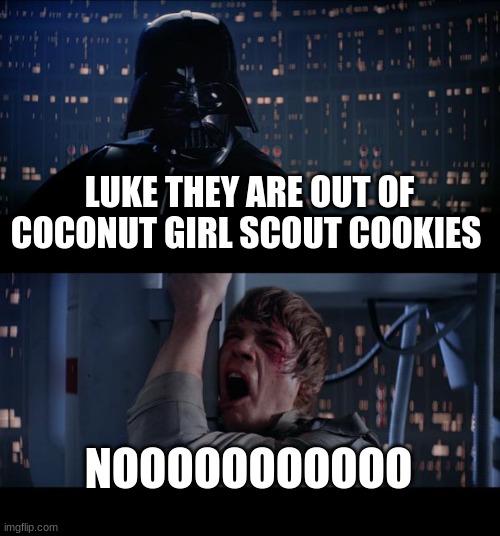 Star Wars No Meme | LUKE THEY ARE OUT OF COCONUT GIRL SCOUT COOKIES; NOOOOOOOOOOO | image tagged in memes,star wars no | made w/ Imgflip meme maker