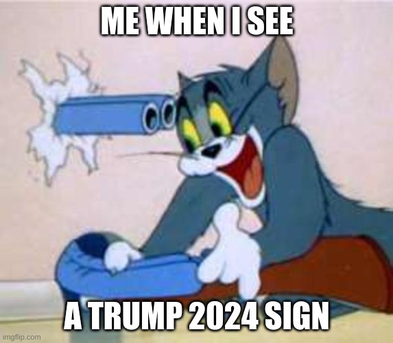 i dont understand the purpose,it just makes people mad at you,put them up in 2024 i get it,but in 2021?just why |  ME WHEN I SEE; A TRUMP 2024 SIGN | image tagged in tom the cat shooting himself,why | made w/ Imgflip meme maker