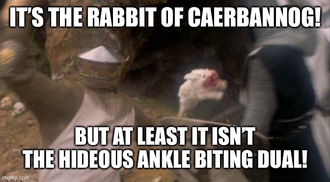 monty python rabbit of caerbannog | IT’S THE RABBIT OF CAERBANNOG! BUT AT LEAST IT ISN’T THE HIDEOUS ANKLE BITING DUAL! | image tagged in monty python rabbit of caerbannog | made w/ Imgflip meme maker